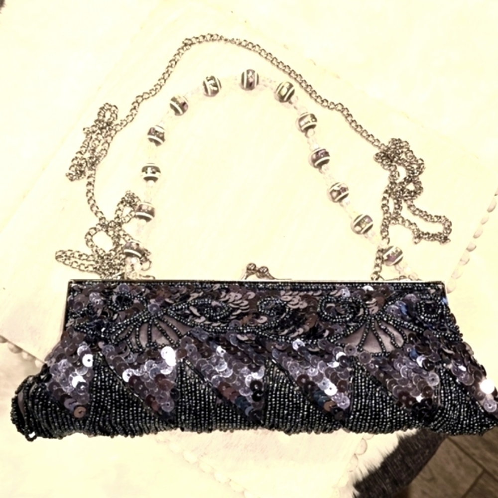 Vintage Dark Grayish & Midnight Blue Beaded Clutch Purse